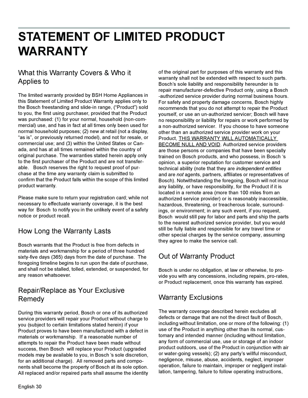 Bosch Appliances HES3053U manual Statement Of Limited Product Warranty, What this Warranty Covers & Who it Applies to 
