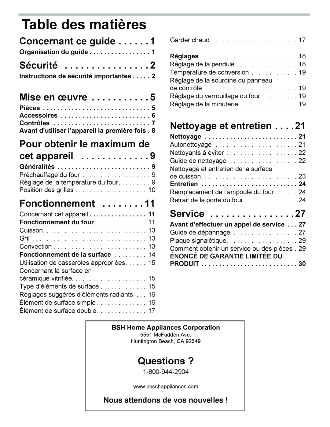 Bosch Appliances HES3053U Table des matières, Concernant ce guide, Sécurité, Mise en œuvre, Fonctionnement, Questions ? 