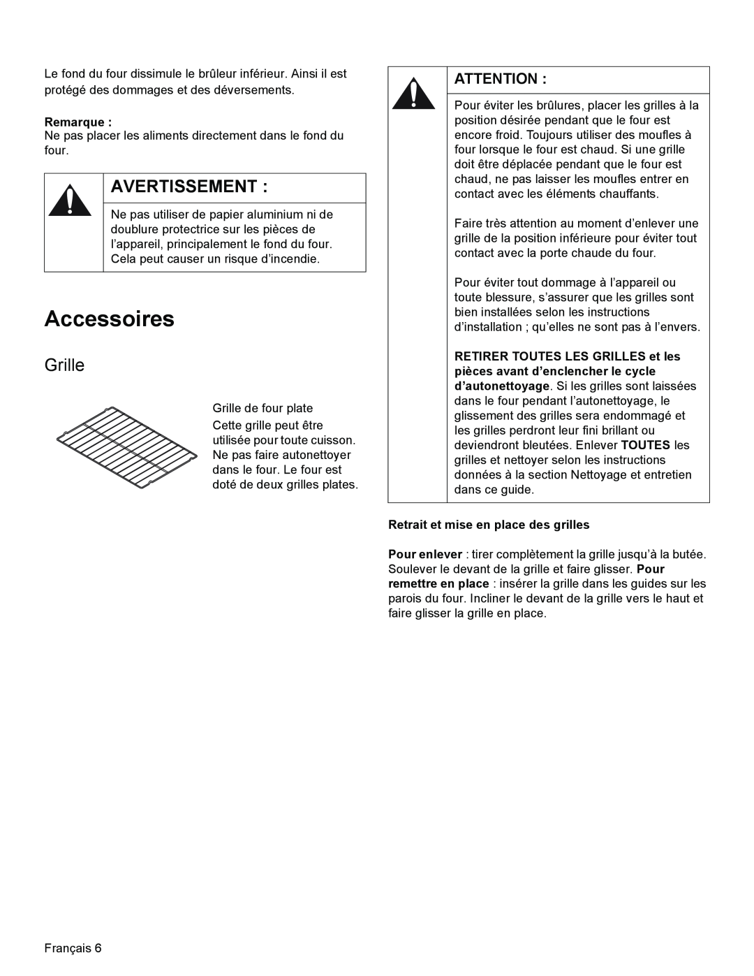Bosch Appliances HES3053U manual Accessoires, Grille, Avertissement, Remarque, Retrait et mise en place des grilles 