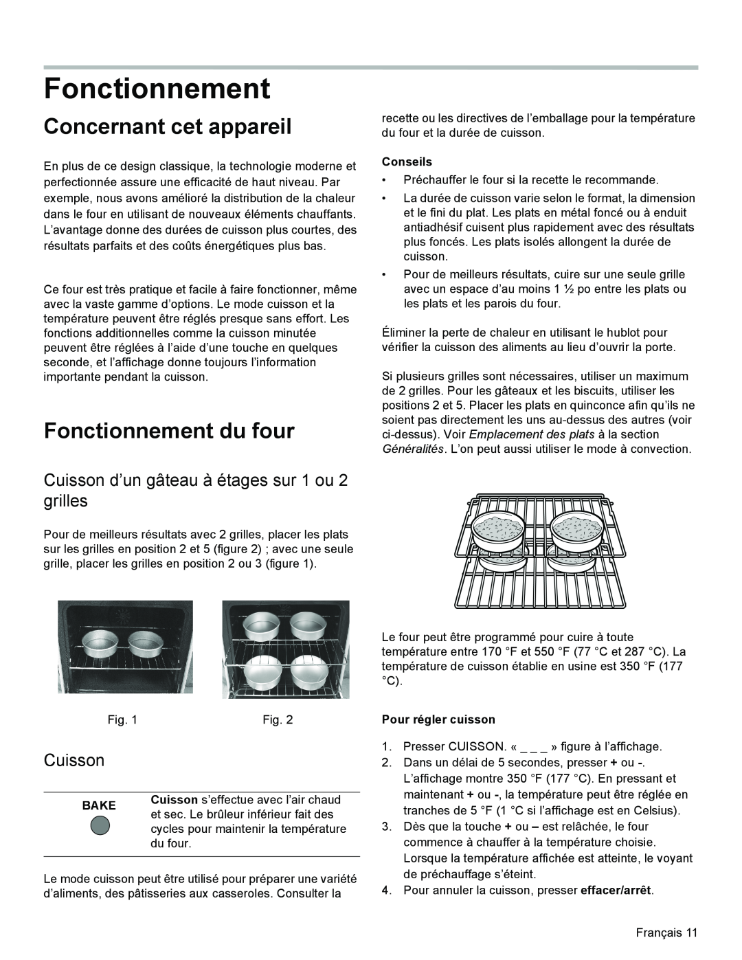 Bosch Appliances HES3053U manual Concernant cet appareil, Fonctionnement du four, Cuisson, Conseils, Bake 
