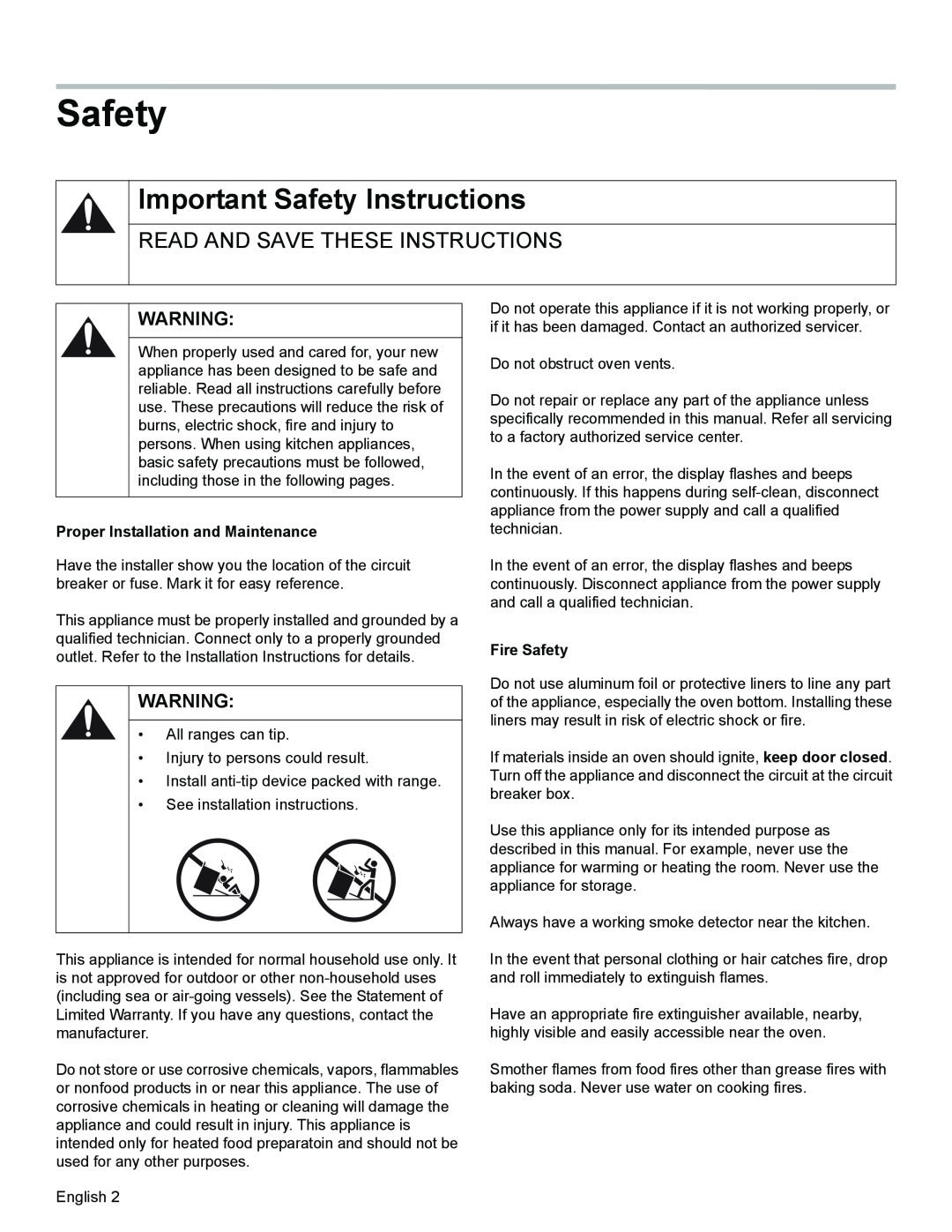 Bosch Appliances HES3053U manual Important Safety Instructions, Read And Save These Instructions, Fire Safety 
