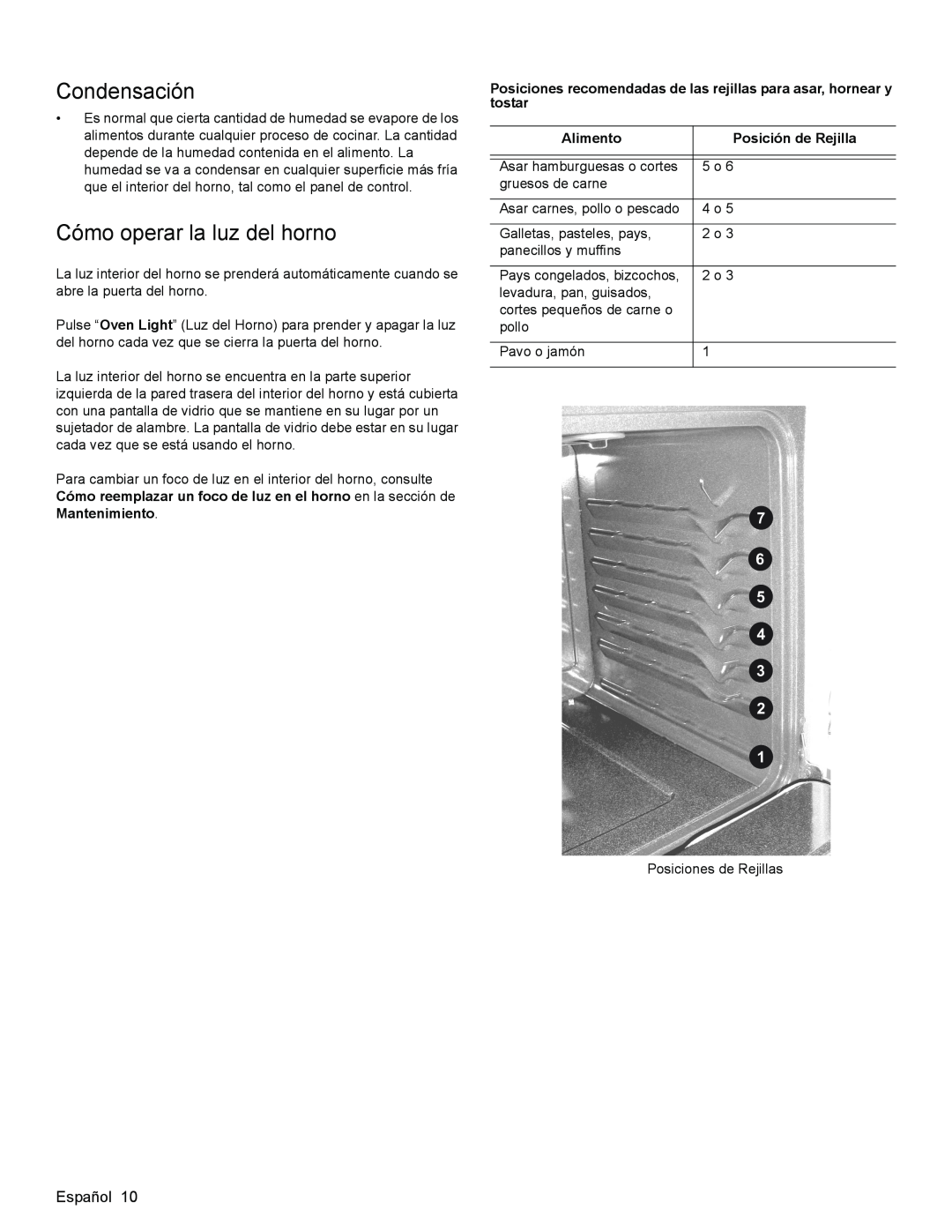 Bosch Appliances HES3053U manual Condensación, Cómo operar la luz del horno, Alimento, Posición de Rejilla 