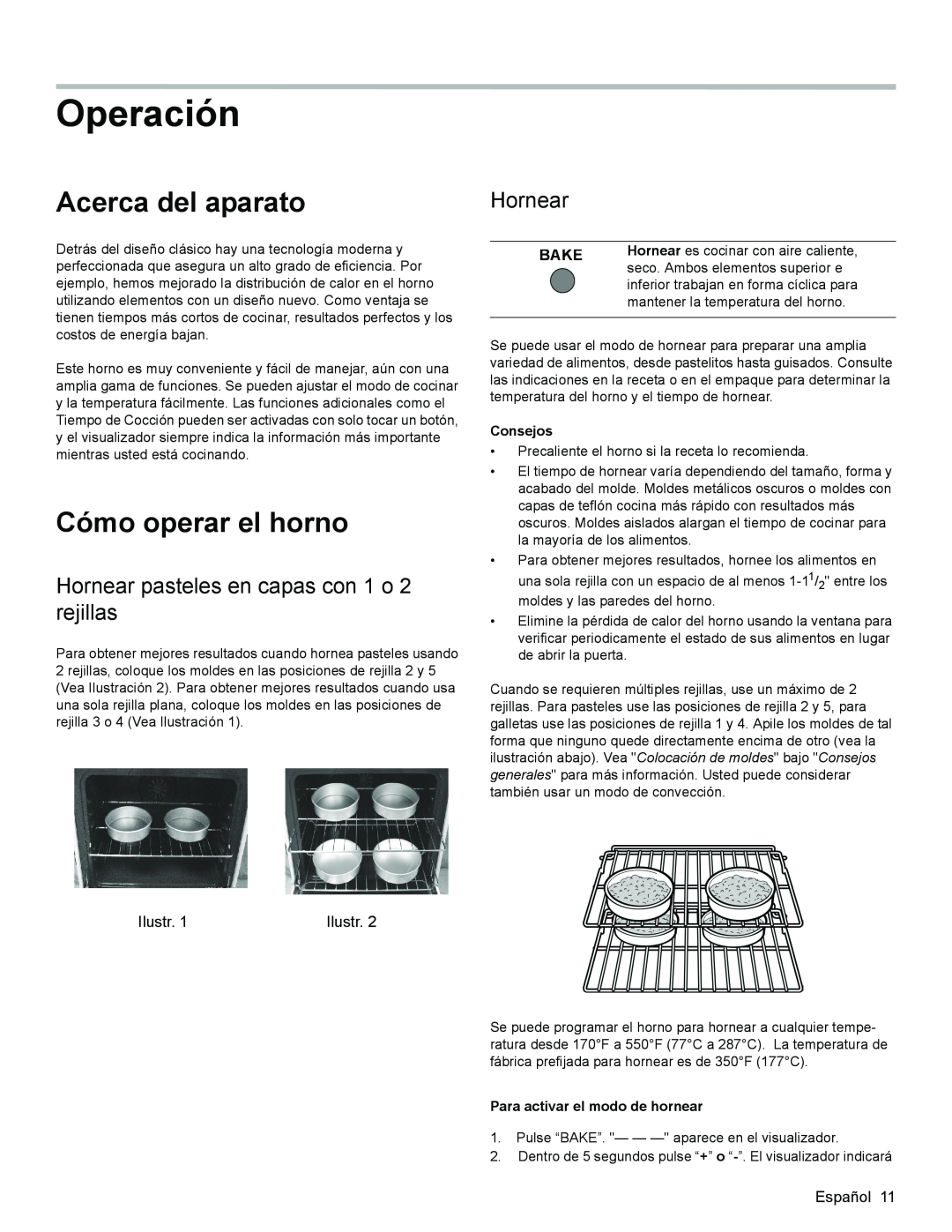 Bosch Appliances HES3053U manual Operación, Acerca del aparato, Cómo operar el horno, Hornear, Bake, Consejos 