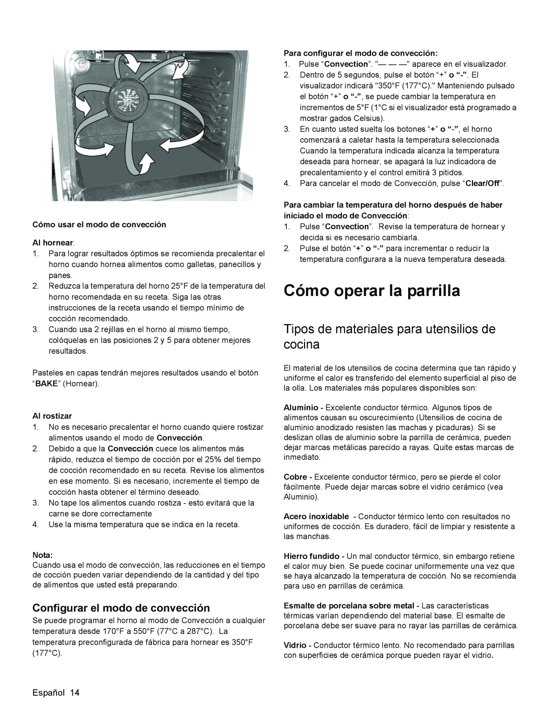 Bosch Appliances HES3053U manual Cómo operar la parrilla, Tipos de materiales para utensilios de cocina, Al rostizar, Nota 