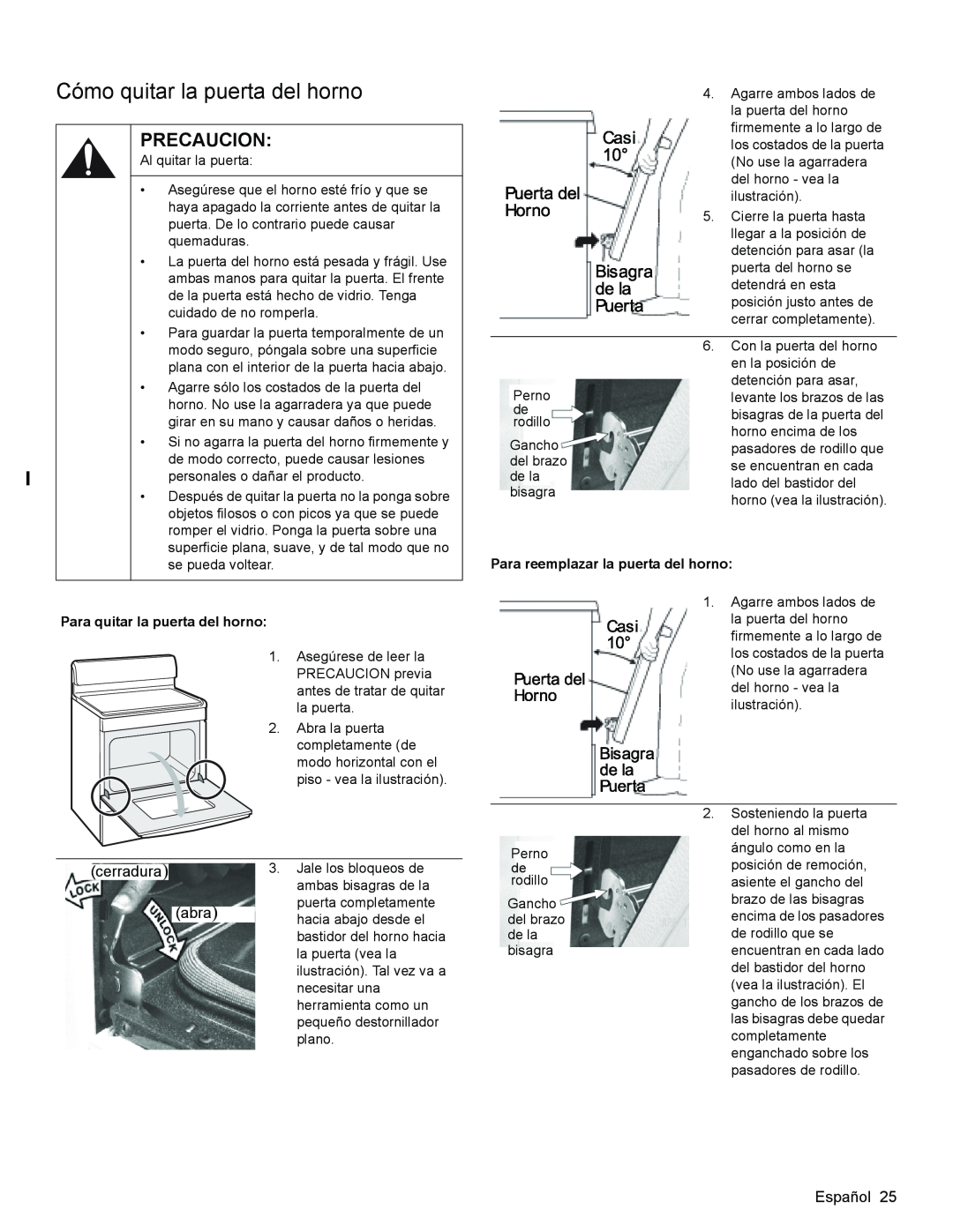 Bosch Appliances HES3053U manual Cómo quitar la puerta del horno, Para reemplazar la puerta del horno 