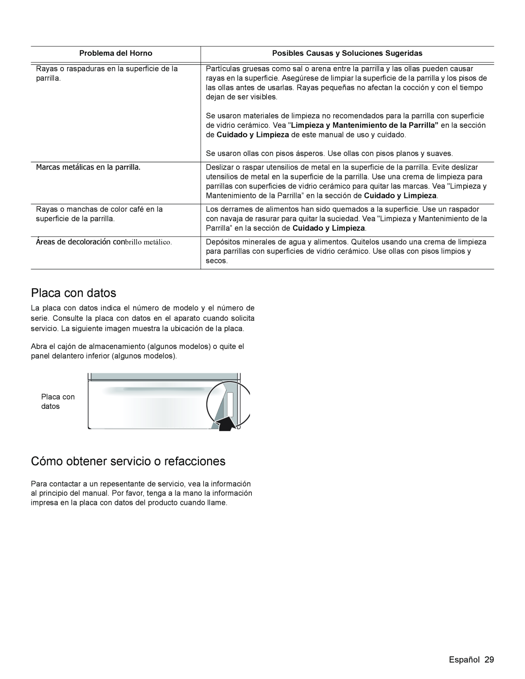 Bosch Appliances HES3053U manual Placa con datos, Cómo obtener servicio o refacciones, Problema del Horno 