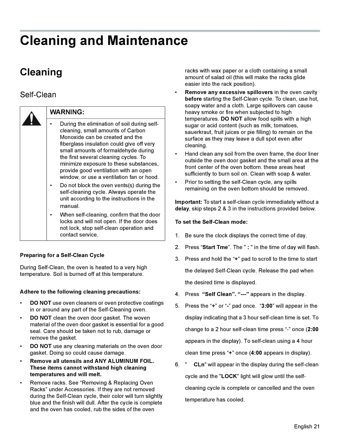 Bosch Appliances HES3063U manual Cleaning and Maintenance, Self-Clean 