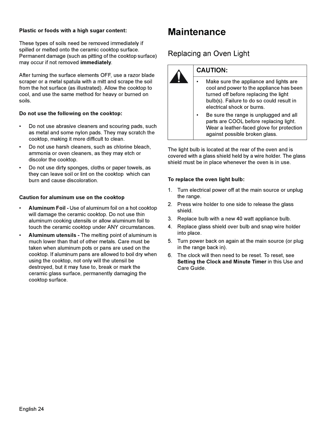 Bosch Appliances HES3063U manual Maintenance, Replacing an Oven Light, Plastic or foods with a high sugar content 