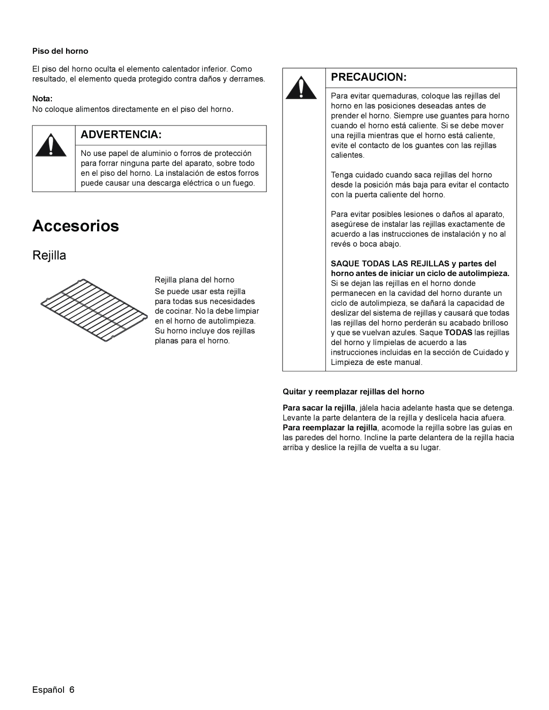 Bosch Appliances HES3063U manual Accesorios, Rejilla, Piso del horno, Nota 