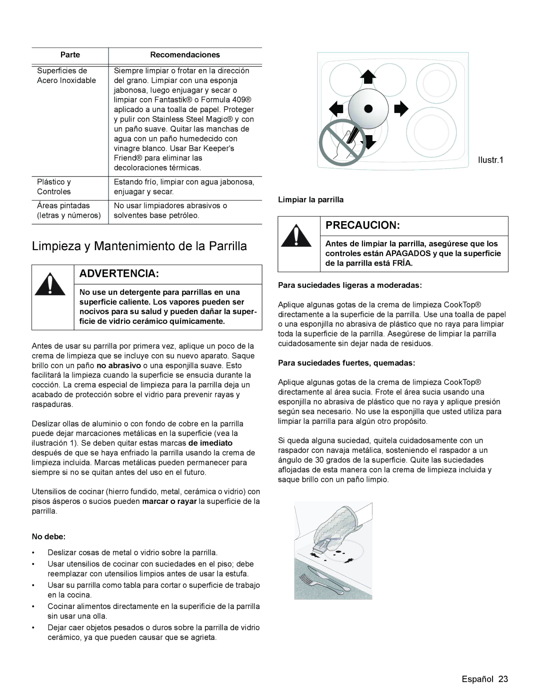 Bosch Appliances HES3063U manual Limpieza y Mantenimiento de la Parrilla, No debe, Limpiar la parrilla 