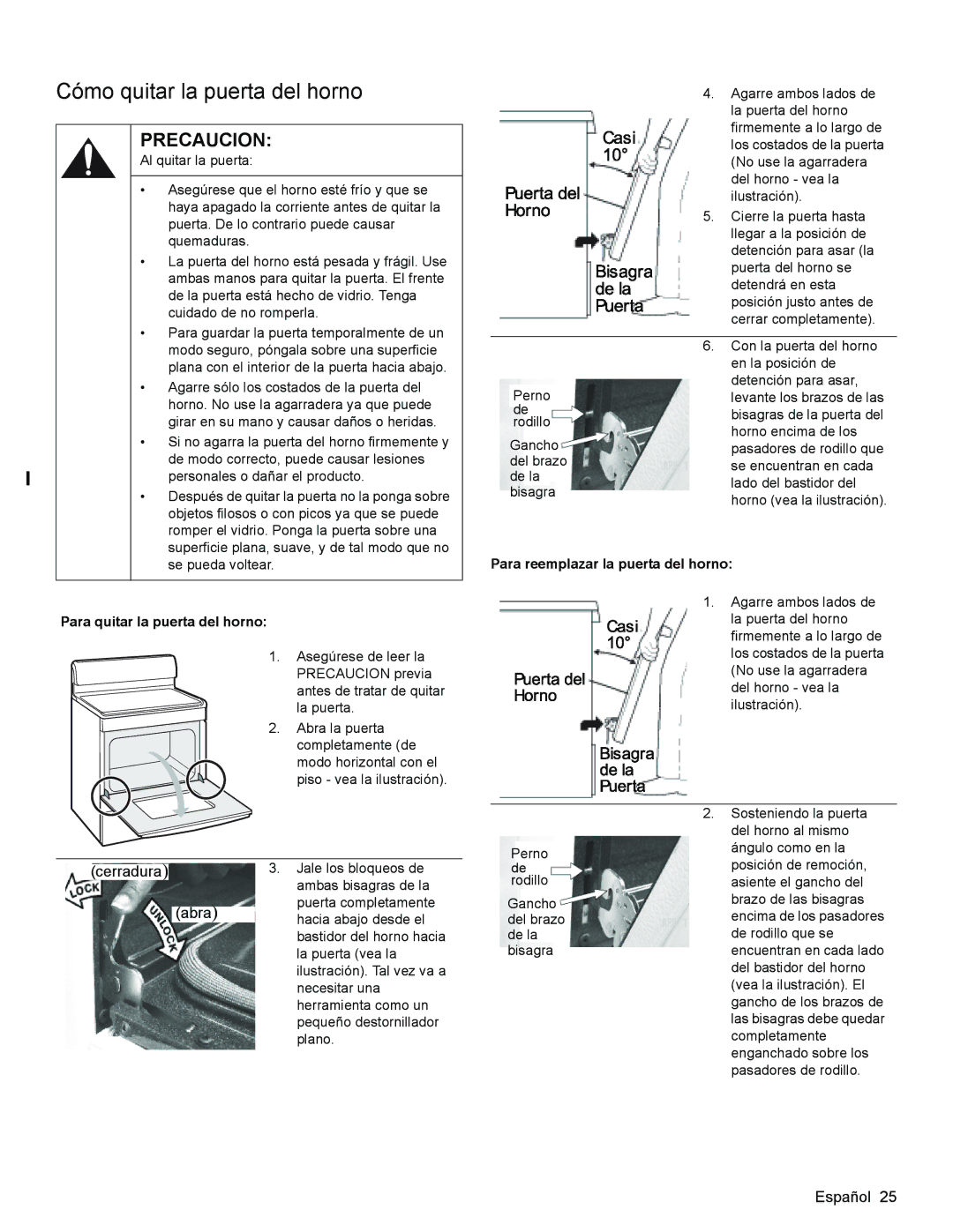 Bosch Appliances HES3063U manual Cómo quitar la puerta del horno, Cerradura Abra 