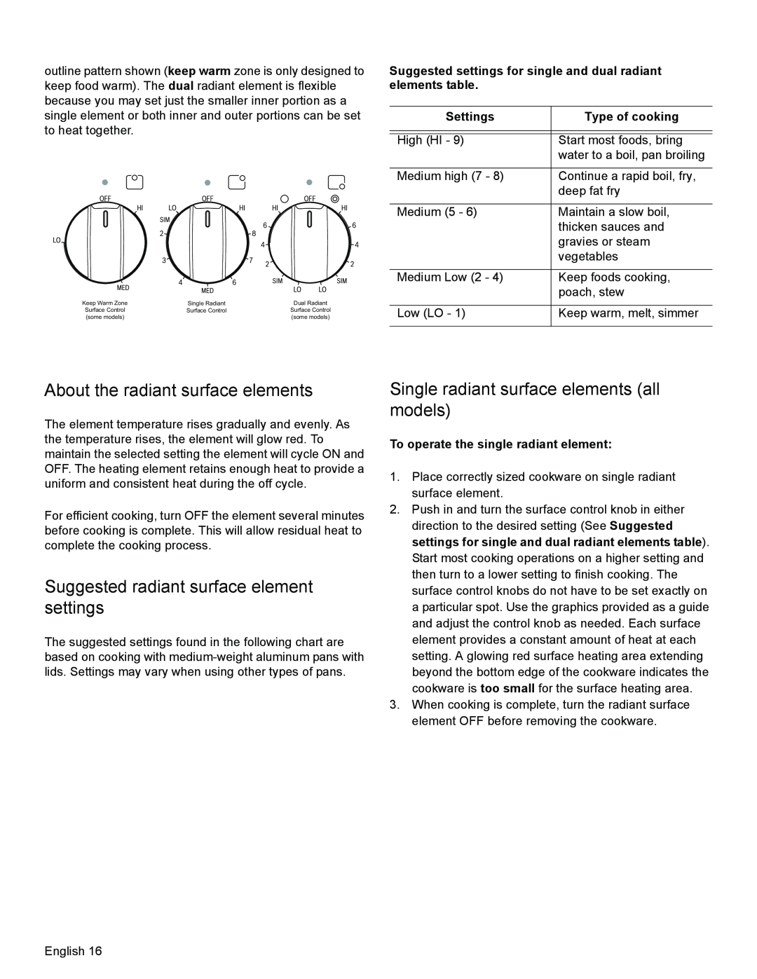 Bosch Appliances HES3063U manual About the radiant surface elements, Suggested radiant surface element settings, Settings 