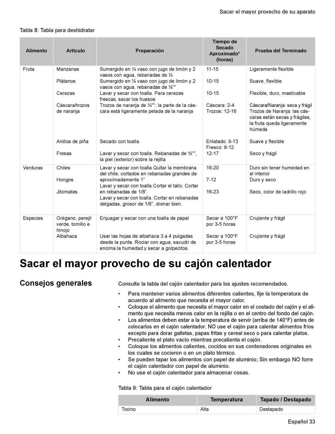 Bosch Appliances HES7052U manual Sacar el mayor provecho de su cajón calentador, Consejos generales 