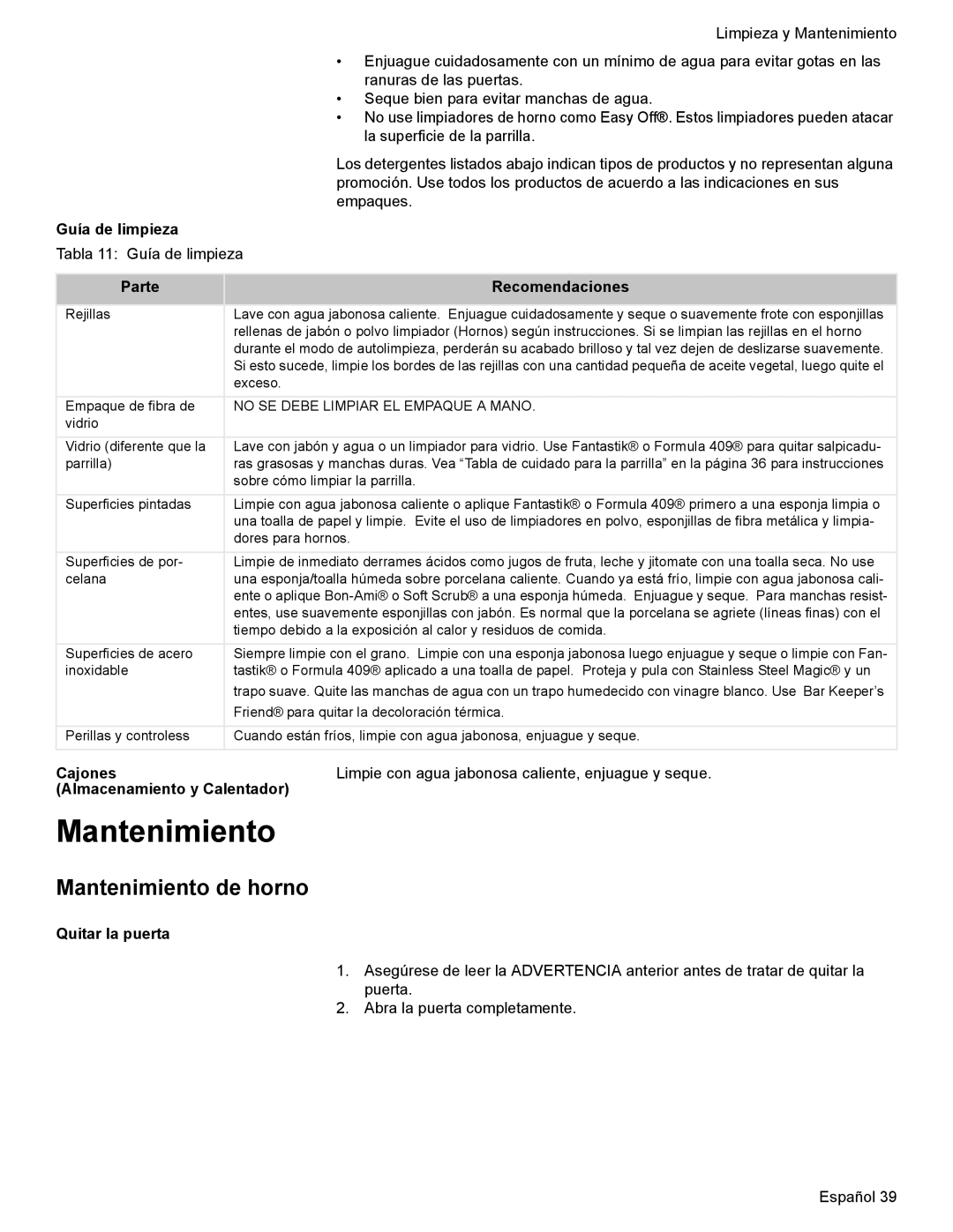 Bosch Appliances HES7052U manual Mantenimiento de horno 