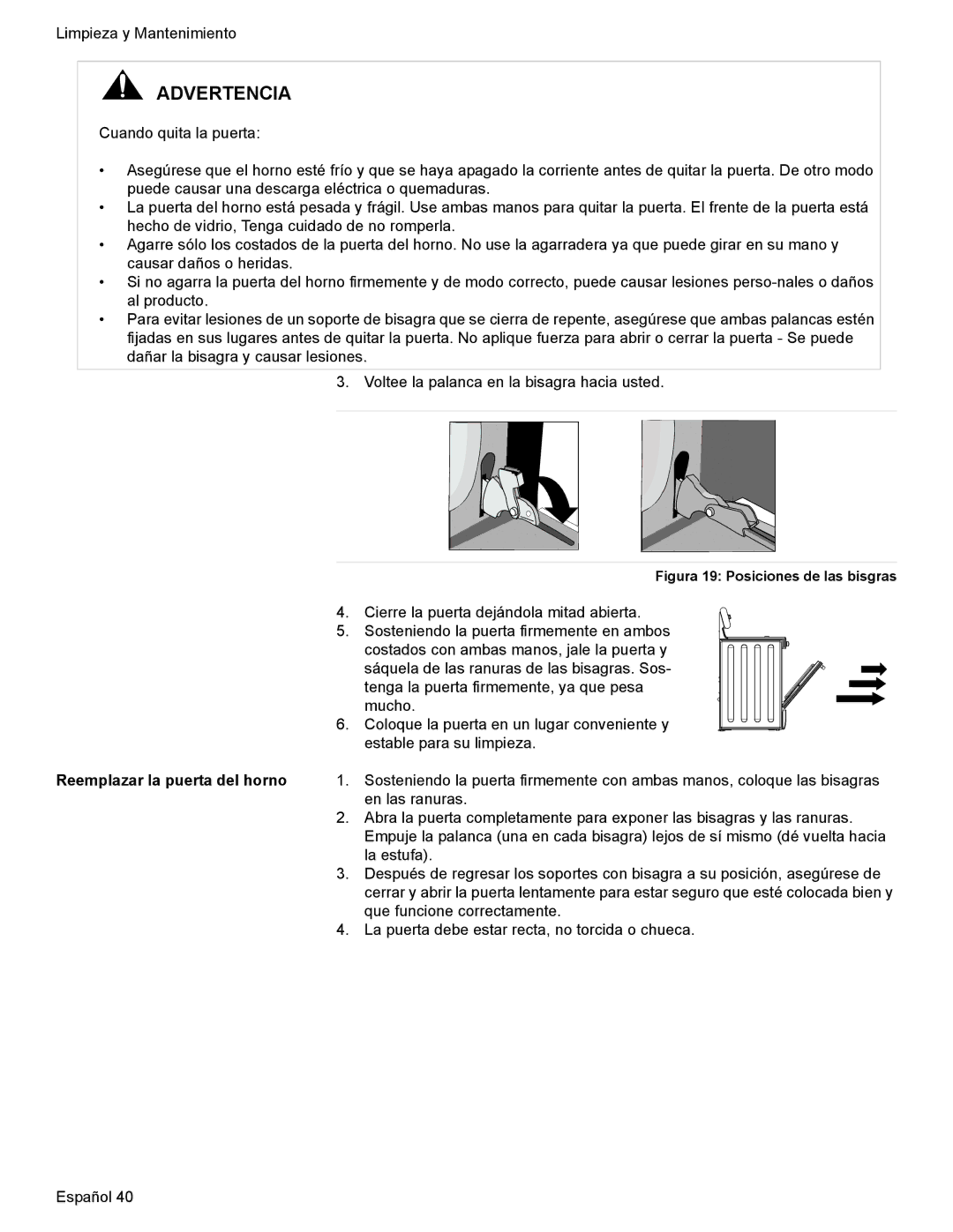 Bosch Appliances HES7052U manual Figura 19 Posiciones de las bisgras 