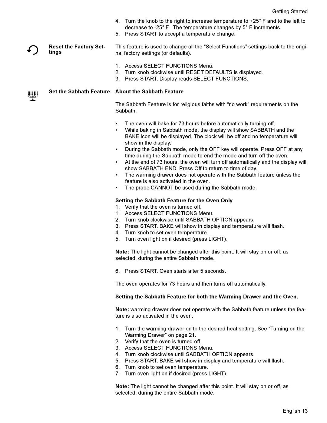 Bosch Appliances HES7052U manual Reset the Factory Set- tings, Set the Sabbath Feature About the Sabbath Feature 