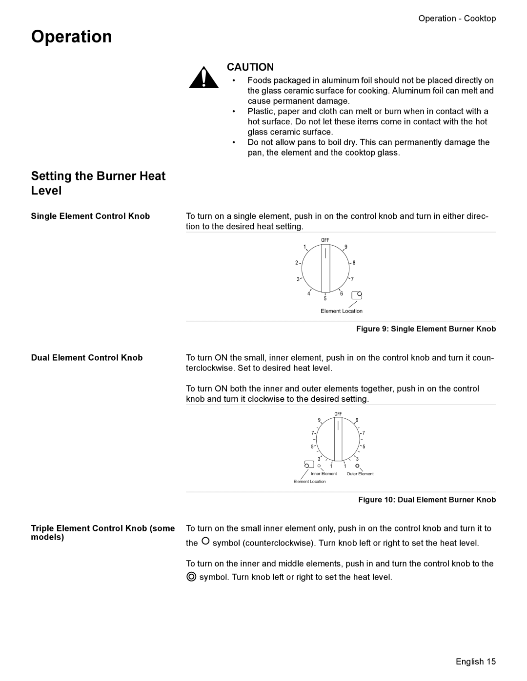 Bosch Appliances HES7052U Operation, Setting the Burner Heat Level, Single Element Control Knob, Dual Element Control Knob 