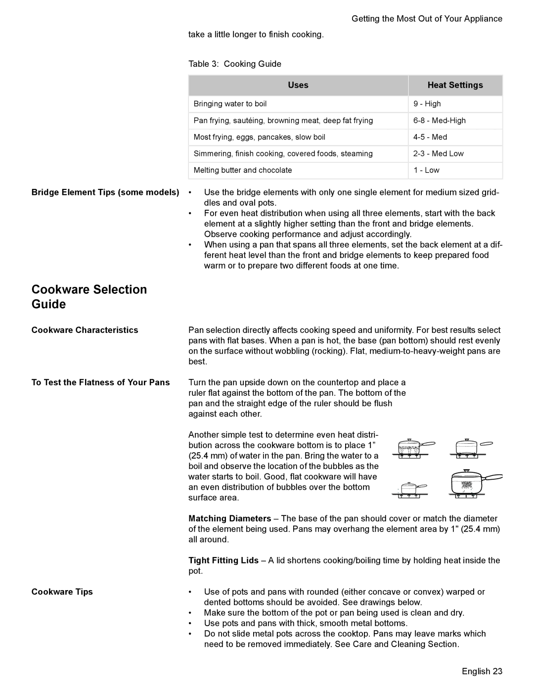 Bosch Appliances HES7052U manual Cookware Selection Guide, Uses Heat Settings, Cookware Characteristics, Cookware Tips 