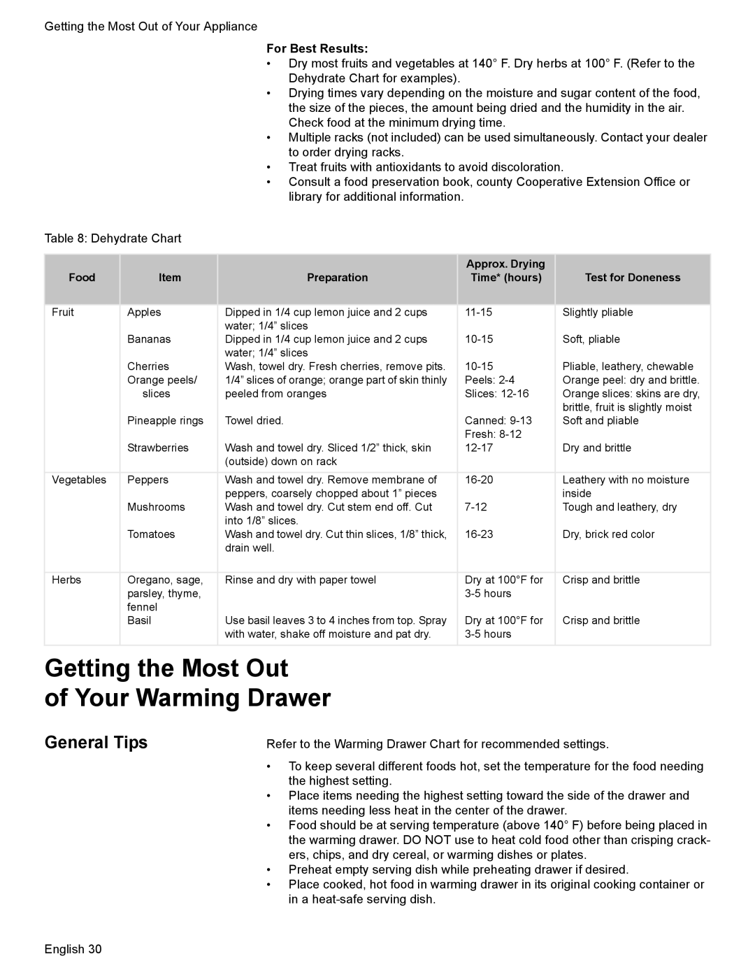 Bosch Appliances HES7052U manual Getting the Most Out Your Warming Drawer, General Tips 