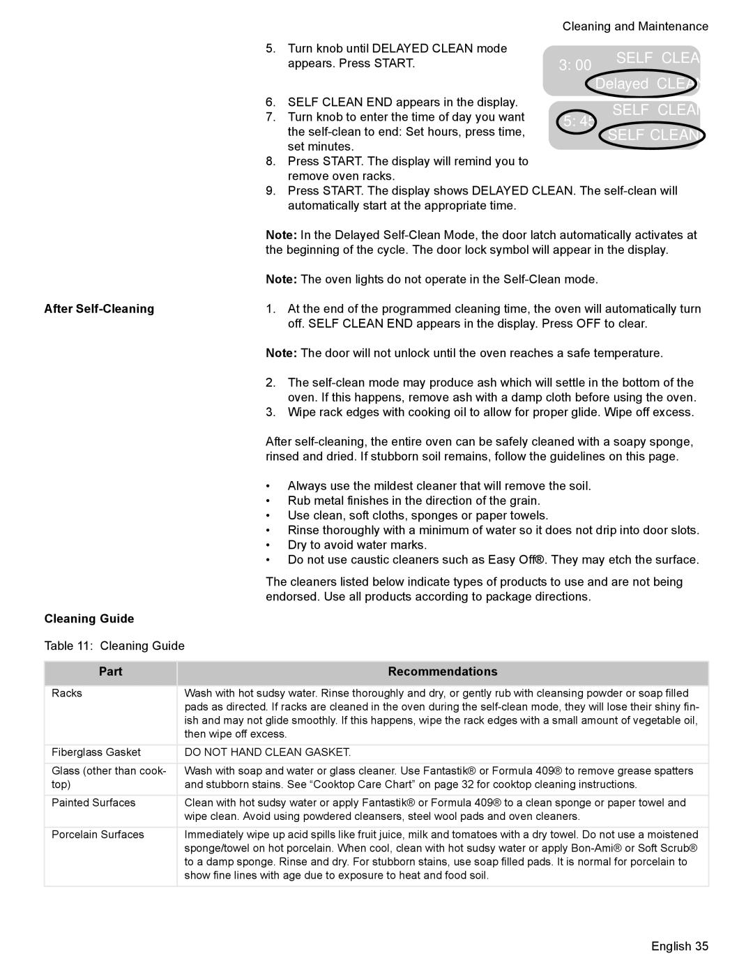 Bosch Appliances HES7052U manual After Self-Cleaning, Cleaning Guide, Part Recommendations 