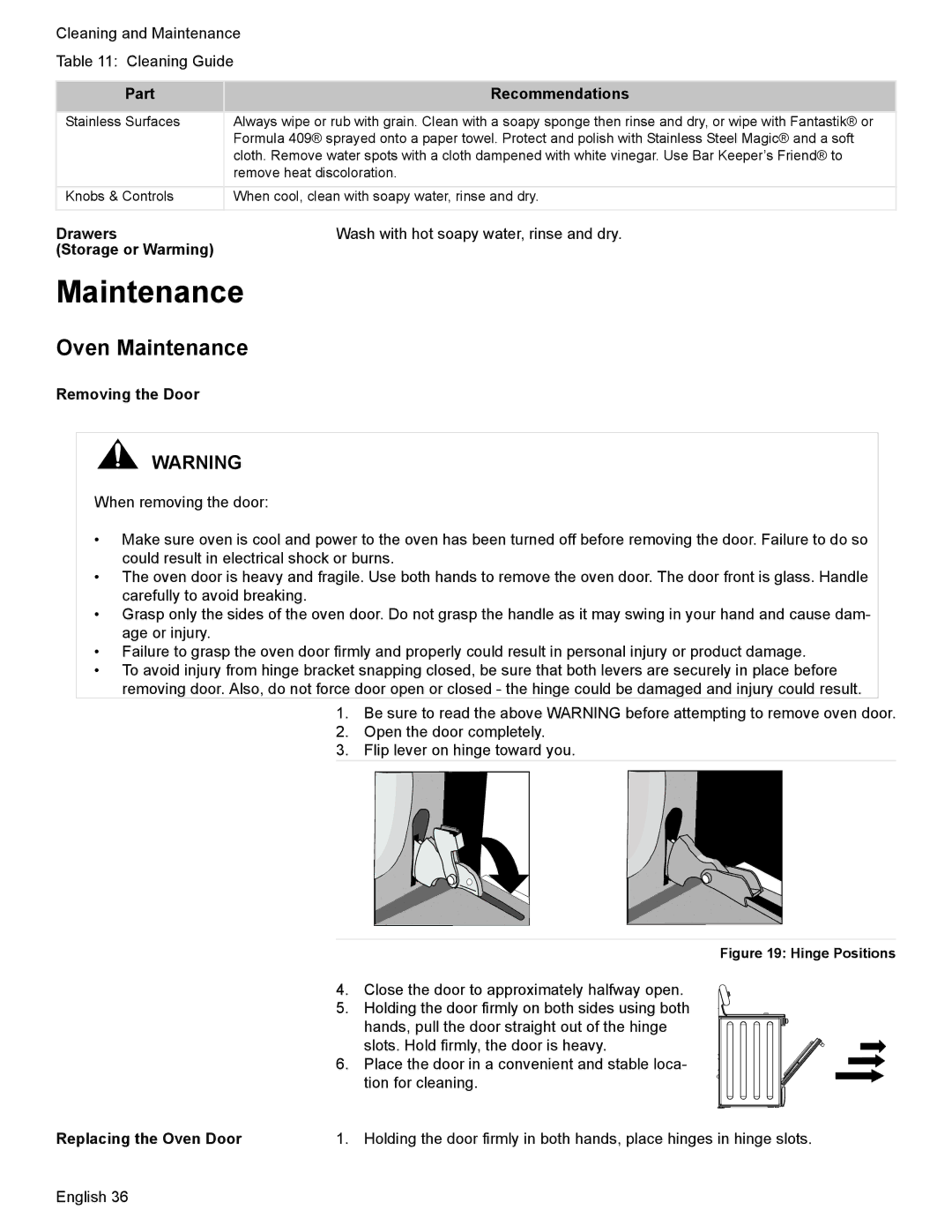 Bosch Appliances HES7052U manual Oven Maintenance, Drawers, Storage or Warming, Removing the Door 