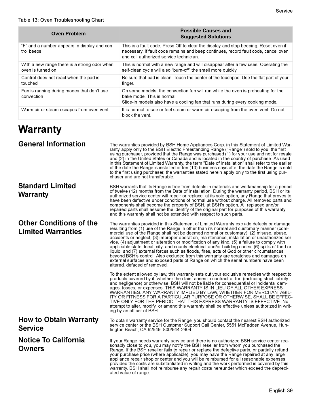 Bosch Appliances HES7052U manual Warranty 