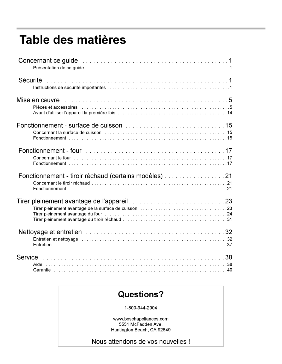 Bosch Appliances HES7052U manual Table des matières, Mise en œuvre 