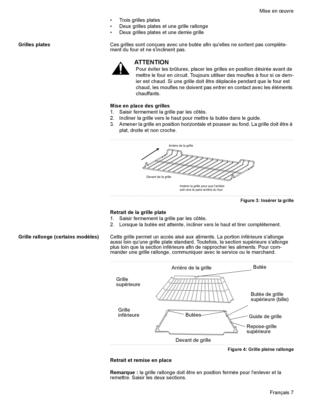 Bosch Appliances HES7052U manual Grilles plates, Mise en place des grilles, Retrait de la grille plate 