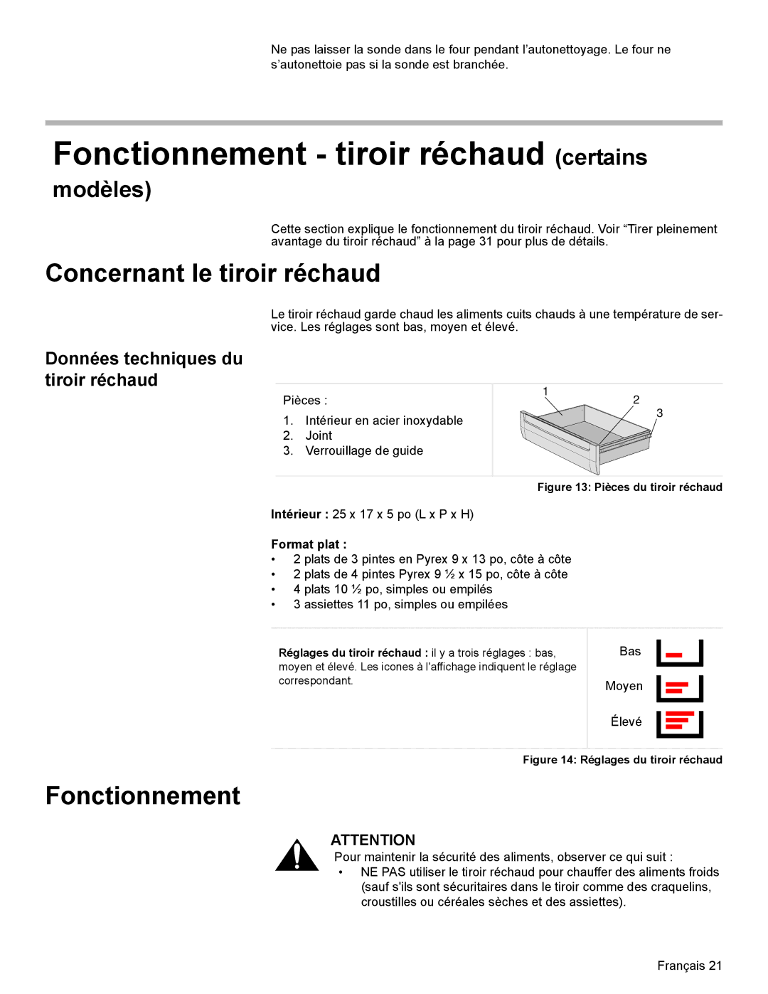 Bosch Appliances HES7052U manual Fonctionnement tiroir réchaud certains, Concernant le tiroir réchaud, Format plat 