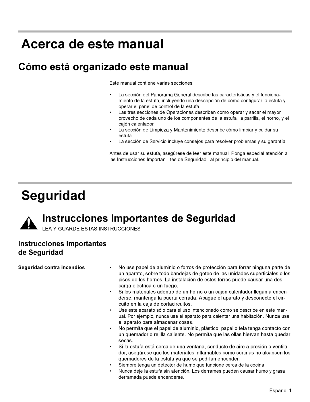 Bosch Appliances HES7052U Acerca de este manual, Cómo está organizado este manual, Seguridad contra incendios 