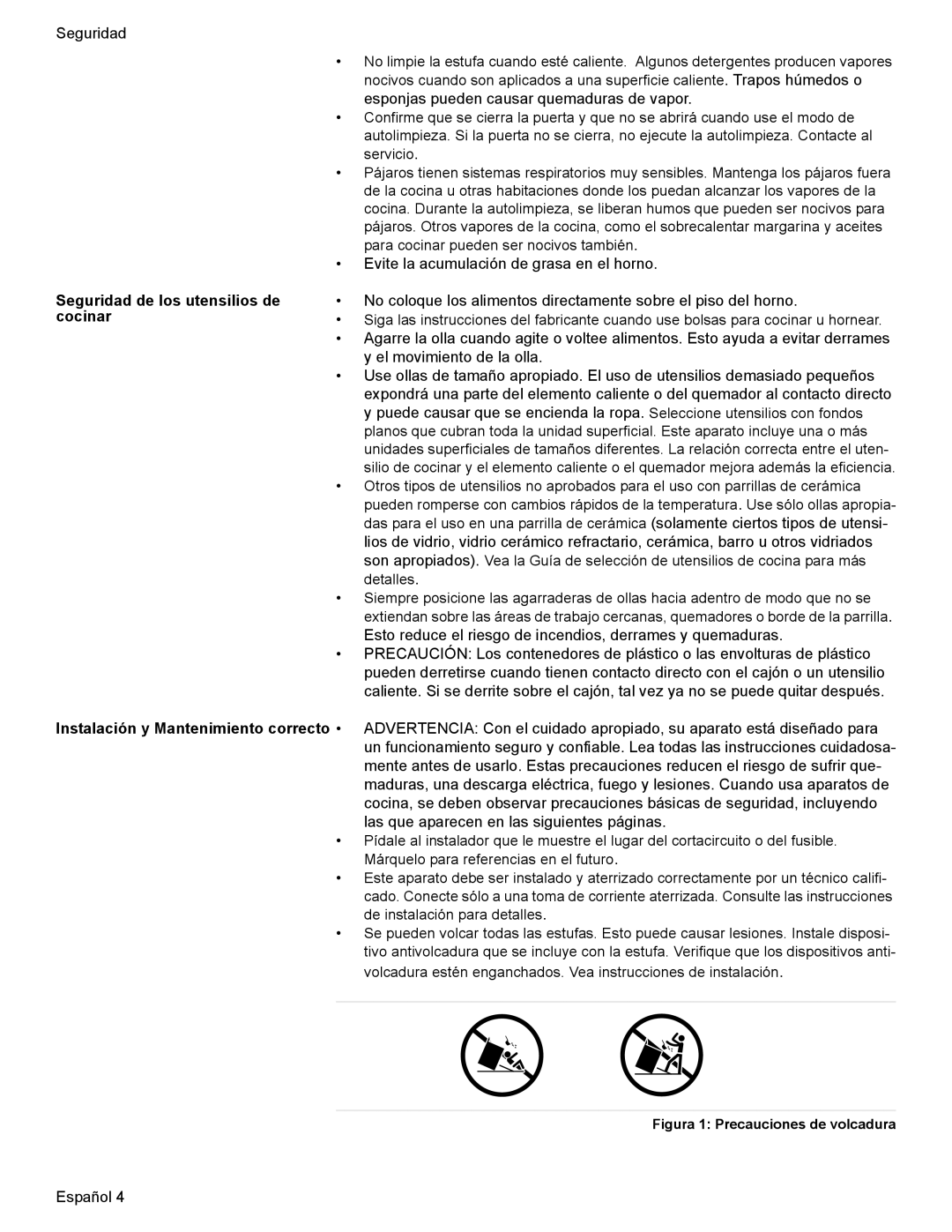 Bosch Appliances HES7052U manual Seguridad de los utensilios de cocinar, Figura 1 Precauciones de volcadura 