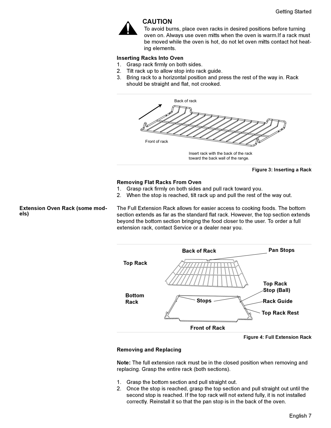 Bosch Appliances HES7052U Extension Oven Rack some mod- els, Inserting Racks Into Oven, Removing Flat Racks From Oven 