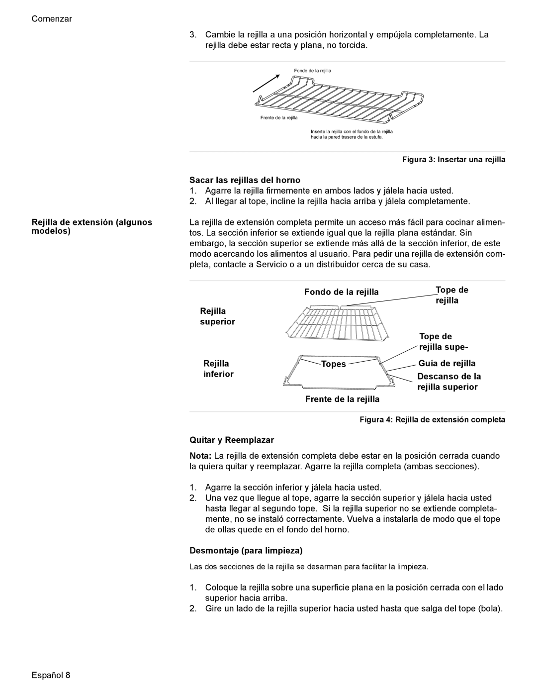 Bosch Appliances HES7052U manual Rejilla de extensión algunos modelos, Sacar las rejillas del horno, Quitar y Reemplazar 