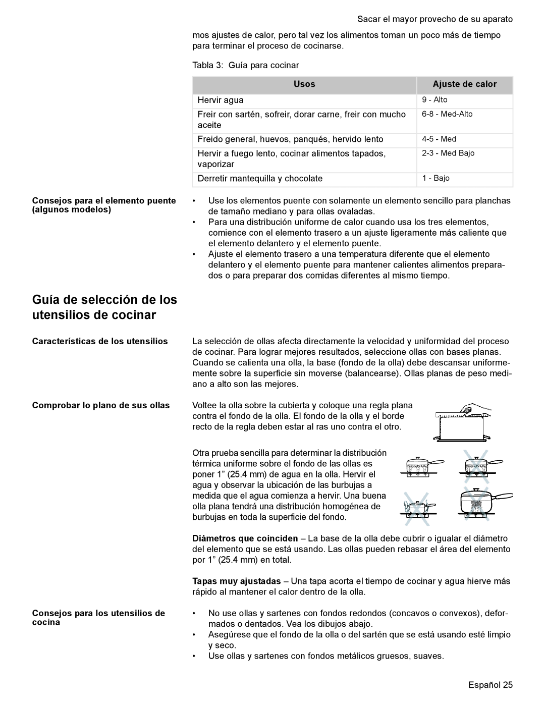 Bosch Appliances HES7052U manual Guía de selección de los utensilios de cocinar, Usos, Ajuste de calor 
