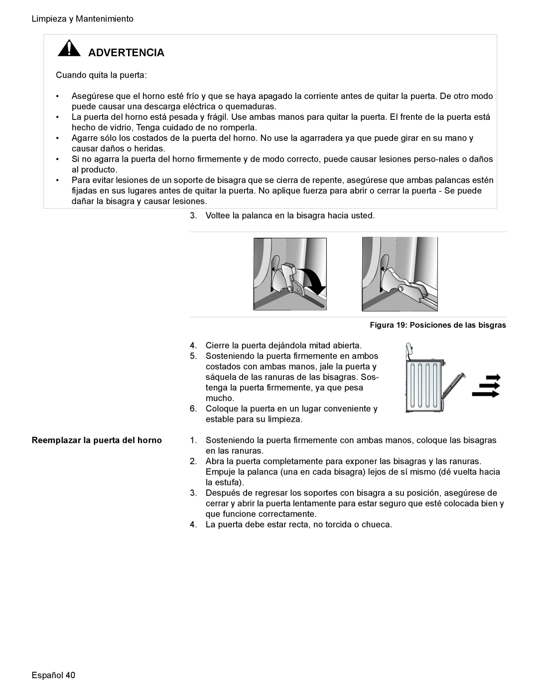 Bosch Appliances HES7052U manual Advertencia, Figura 19 Posiciones de las bisgras 