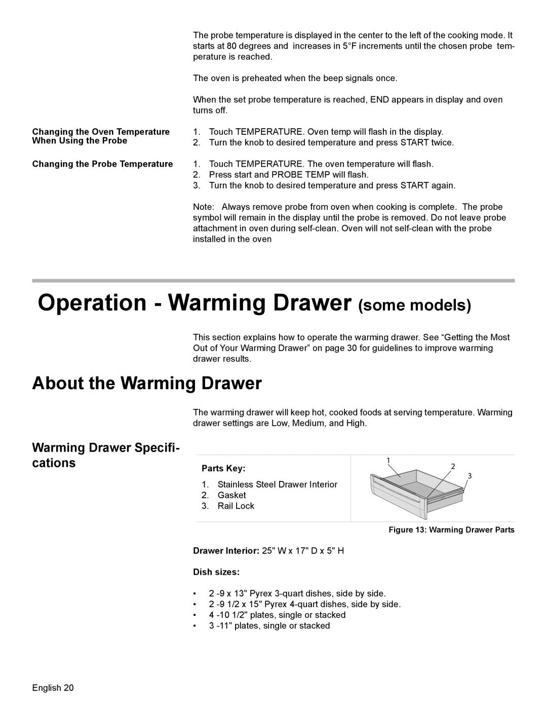 Bosch Appliances HES7052U Operation - Warming Drawer some models, About the Warming Drawer, Changing the Probe Temperature 