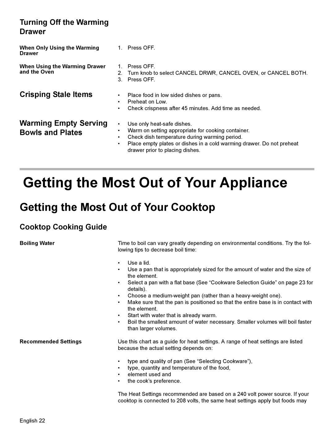 Bosch Appliances HES7052U manual Getting the Most Out of Your Appliance, Getting the Most Out of Your Cooktop, Drawer 