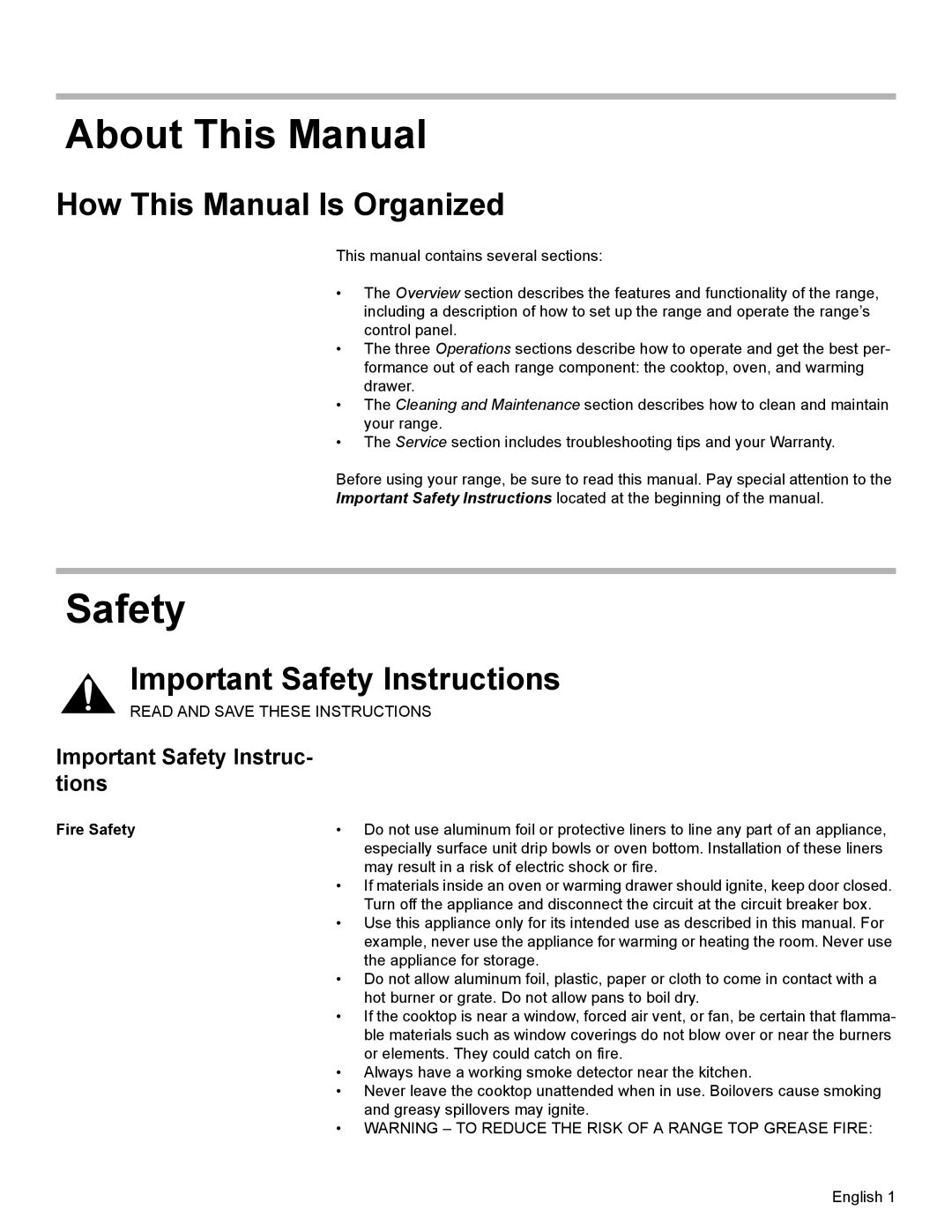 Bosch Appliances HES7052U About This Manual, How This Manual Is Organized, Important Safety Instructions, Fire Safety 