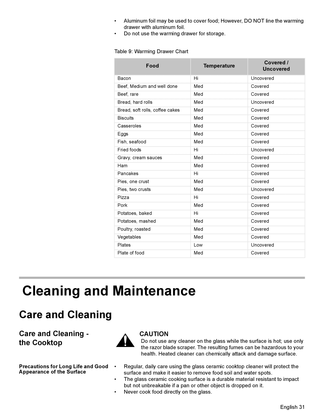 Bosch Appliances HES7052U manual Cleaning and Maintenance, Care and Cleaning - the Cooktop, Food, Temperature, Covered 