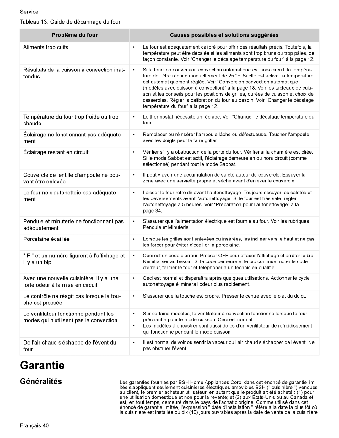 Bosch Appliances HES7052U manual Garantie, Généralités, Problème du four, Causes possibles et solutions suggérées 