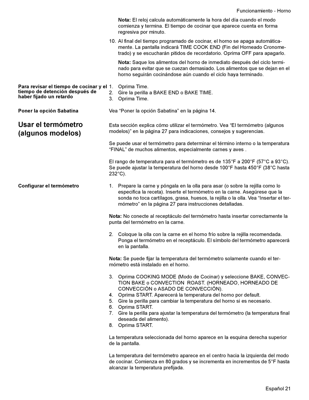 Bosch Appliances HES7282U manual Usar el termómetro, Algunos modelos, Poner la opción Sabatina, Configurar el termómetro 