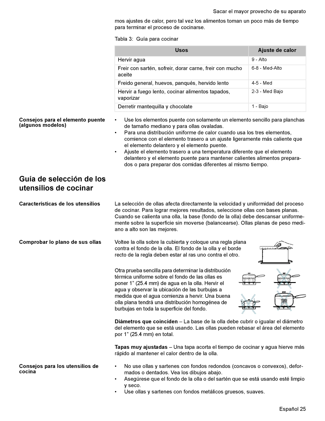 Bosch Appliances HES7282U manual Usos Ajuste de calor, Consejos para el elemento puente algunos modelos 