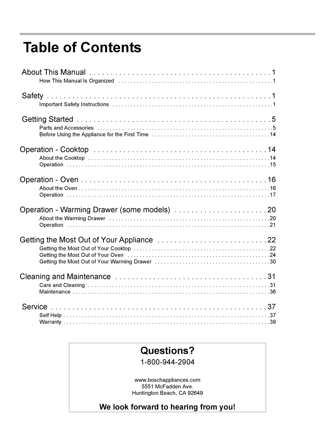 Bosch Appliances HES7282U manual Table of Contents 