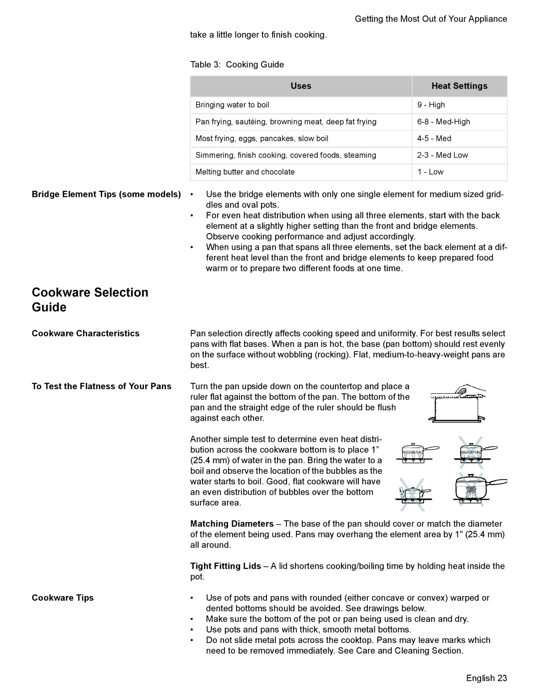 Bosch Appliances HES7282U manual Cookware Selection Guide, Uses Heat Settings, Cookware Characteristics, Cookware Tips 