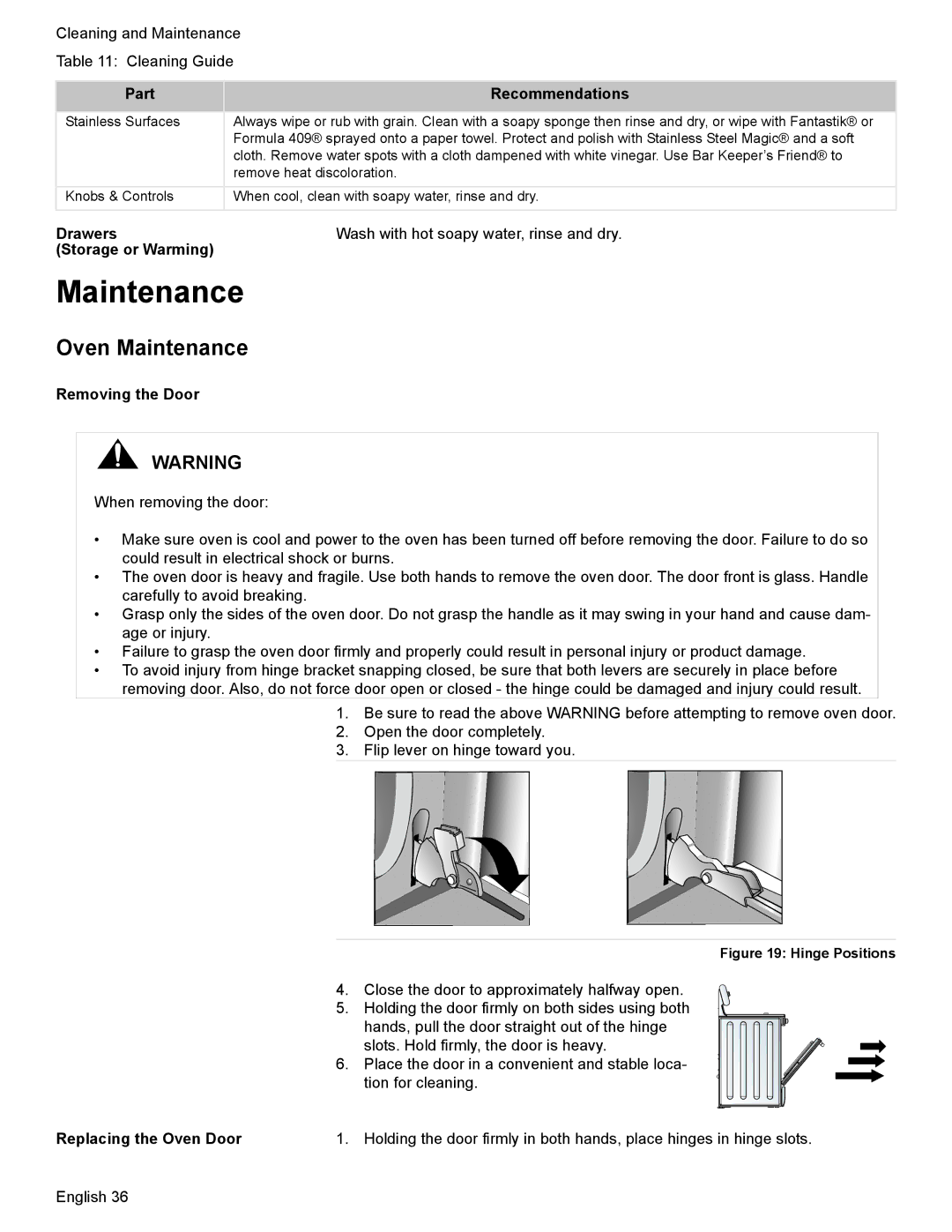 Bosch Appliances HES7282U manual Oven Maintenance, Drawers, Storage or Warming, Removing the Door 