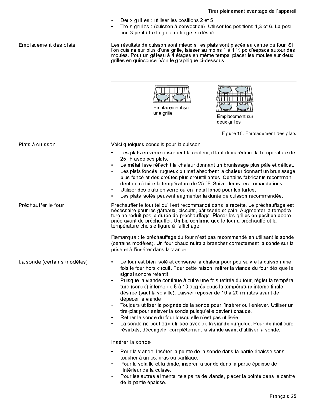 Bosch Appliances HES7282U manual Emplacement des plats, Plats à cuisson, Préchauffer le four, La sonde certains modèles 