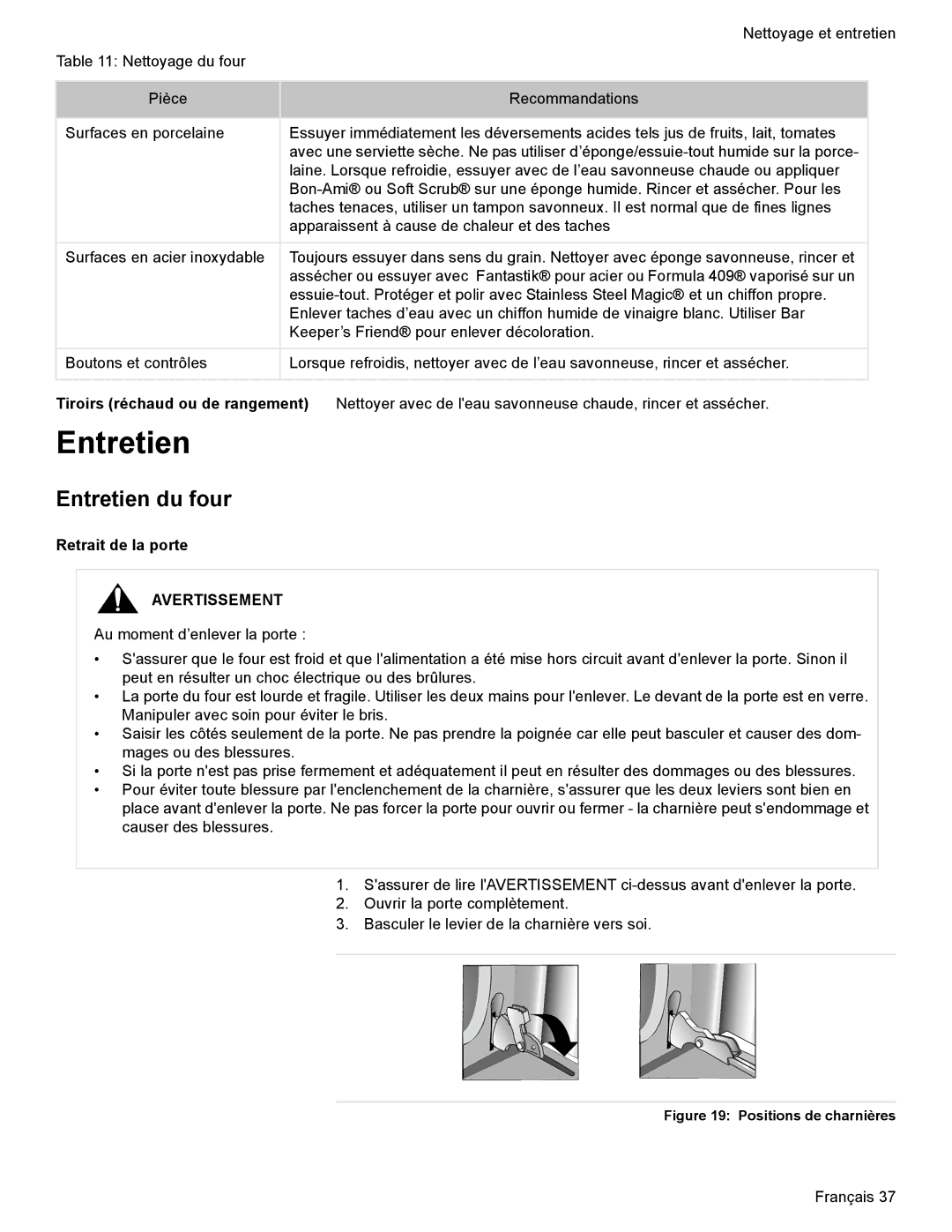 Bosch Appliances HES7282U manual Entretien du four, Tiroirs réchaud ou de rangement, Retrait de la porte 