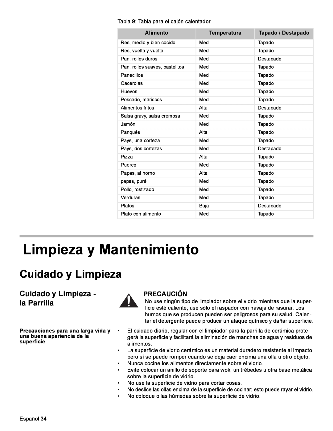 Bosch Appliances HES7282U manual Limpieza y Mantenimiento, Cuidado y Limpieza - la Parrilla, Precaución, Alimento 