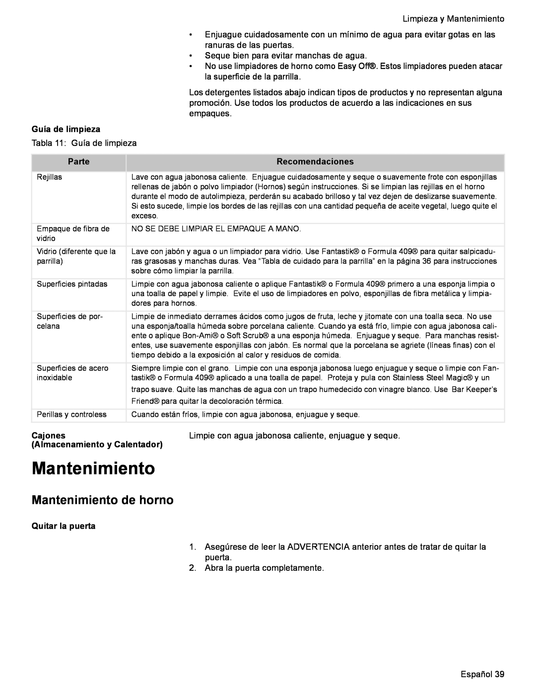 Bosch Appliances HES7282U Mantenimiento de horno, Guía de limpieza, Parte, Recomendaciones, Cajones, Quitar la puerta 
