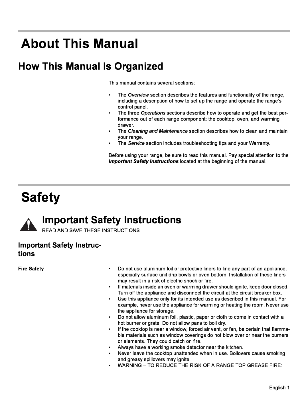 Bosch Appliances HES7282U About This Manual, How This Manual Is Organized, Important Safety Instructions, Fire Safety 